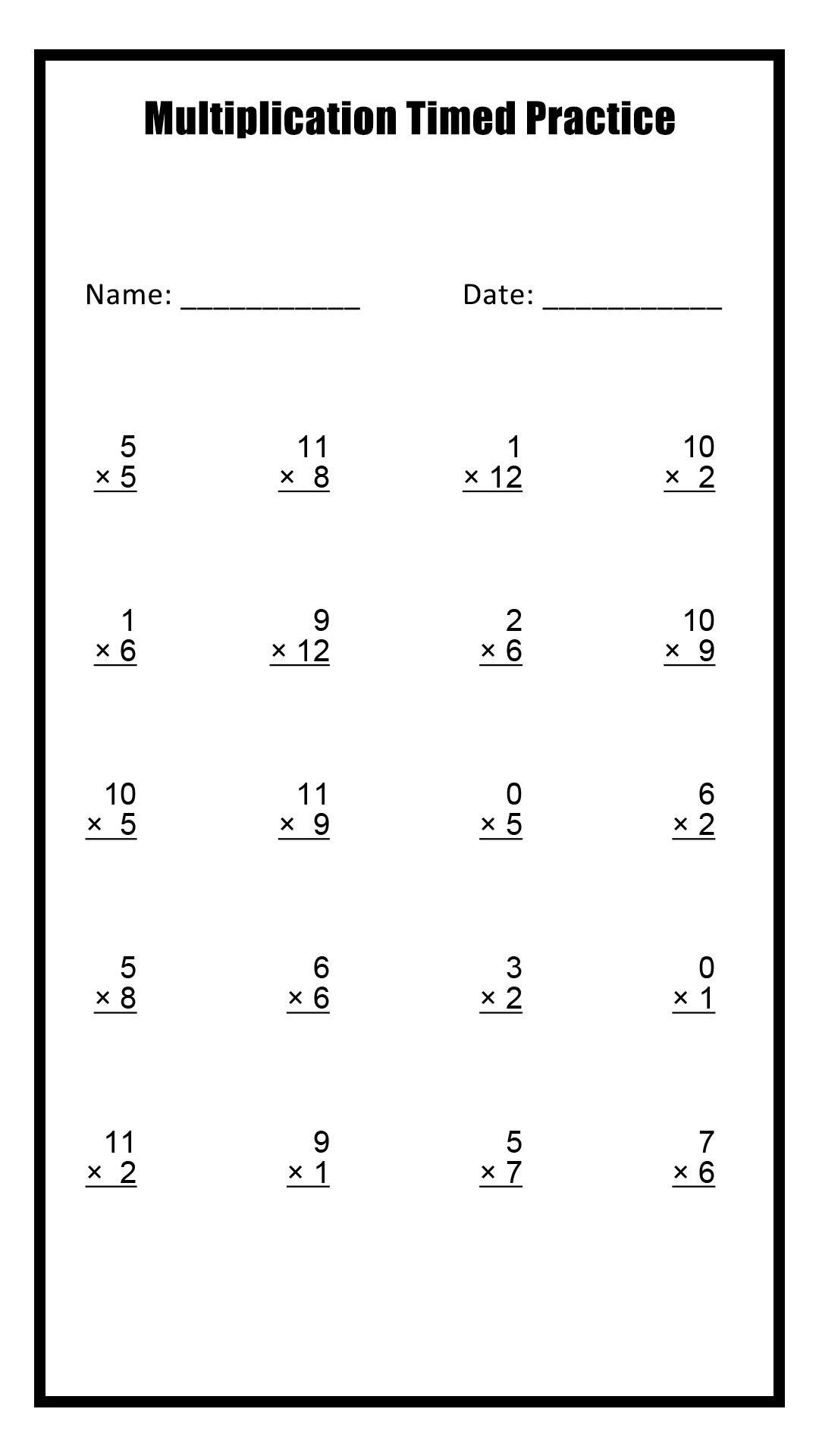 10 Printable Math Drills Multiplication Timetable 0 To 12 Worksheets Library