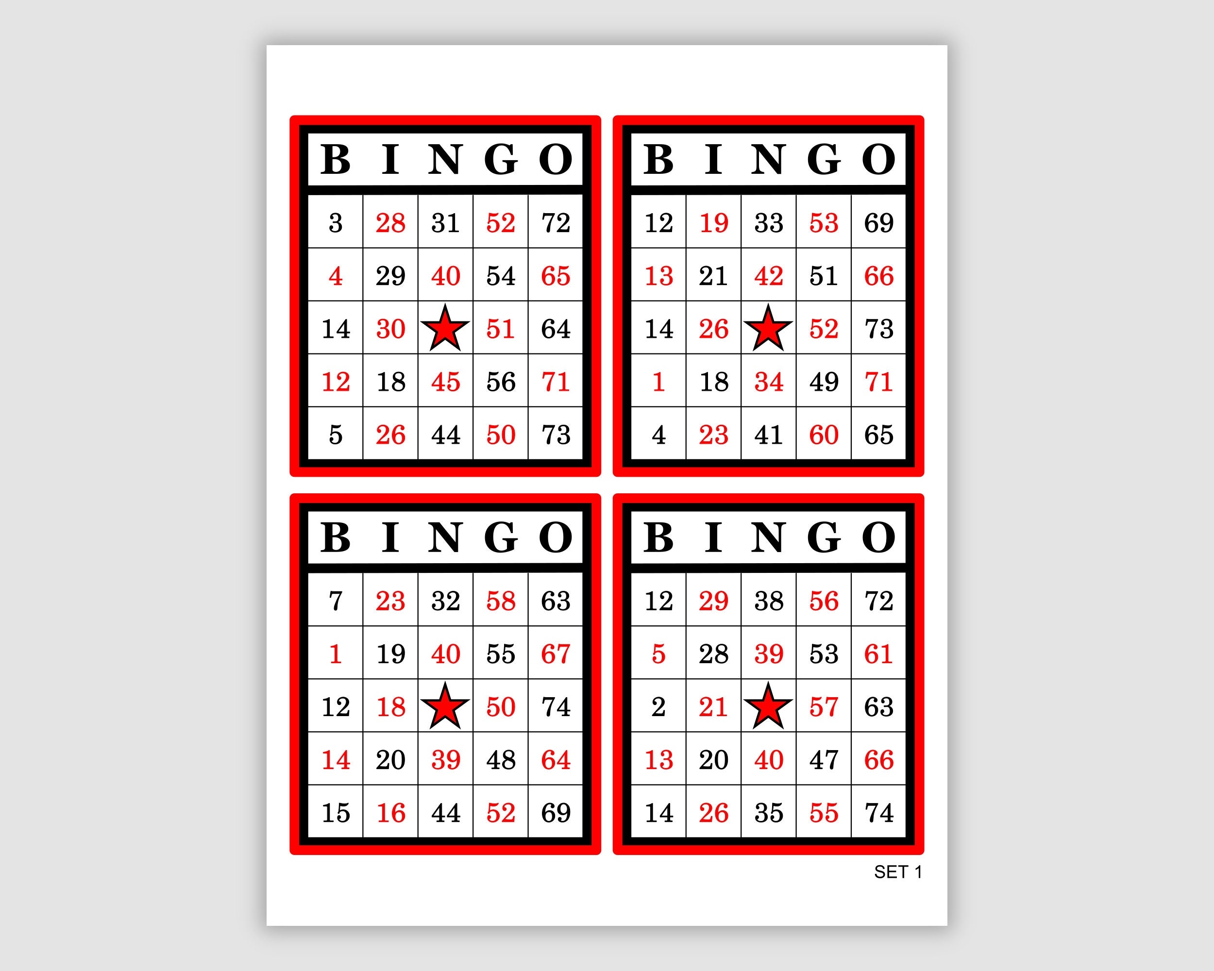 1000 Bingo Cards Pdf Download 4 Per Page Instant Printable Fun Party Game Red And Black Etsy