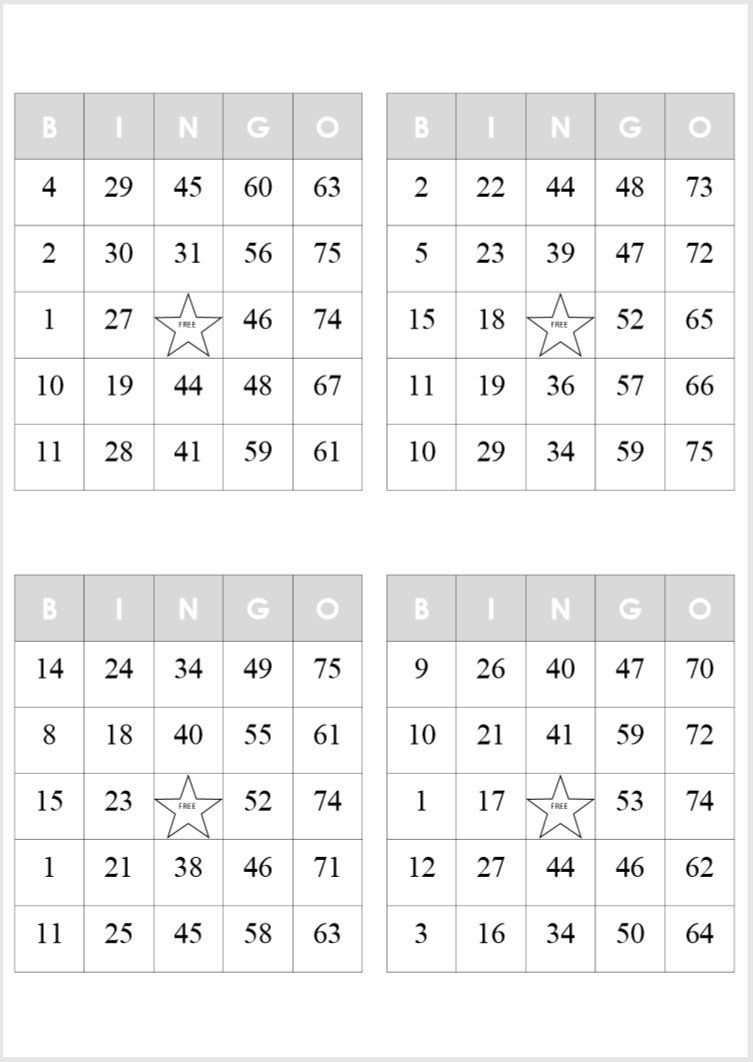 1000 Bingo Cards Pdf Download 4 Per Page Instant Printable Fun Worksheets Library