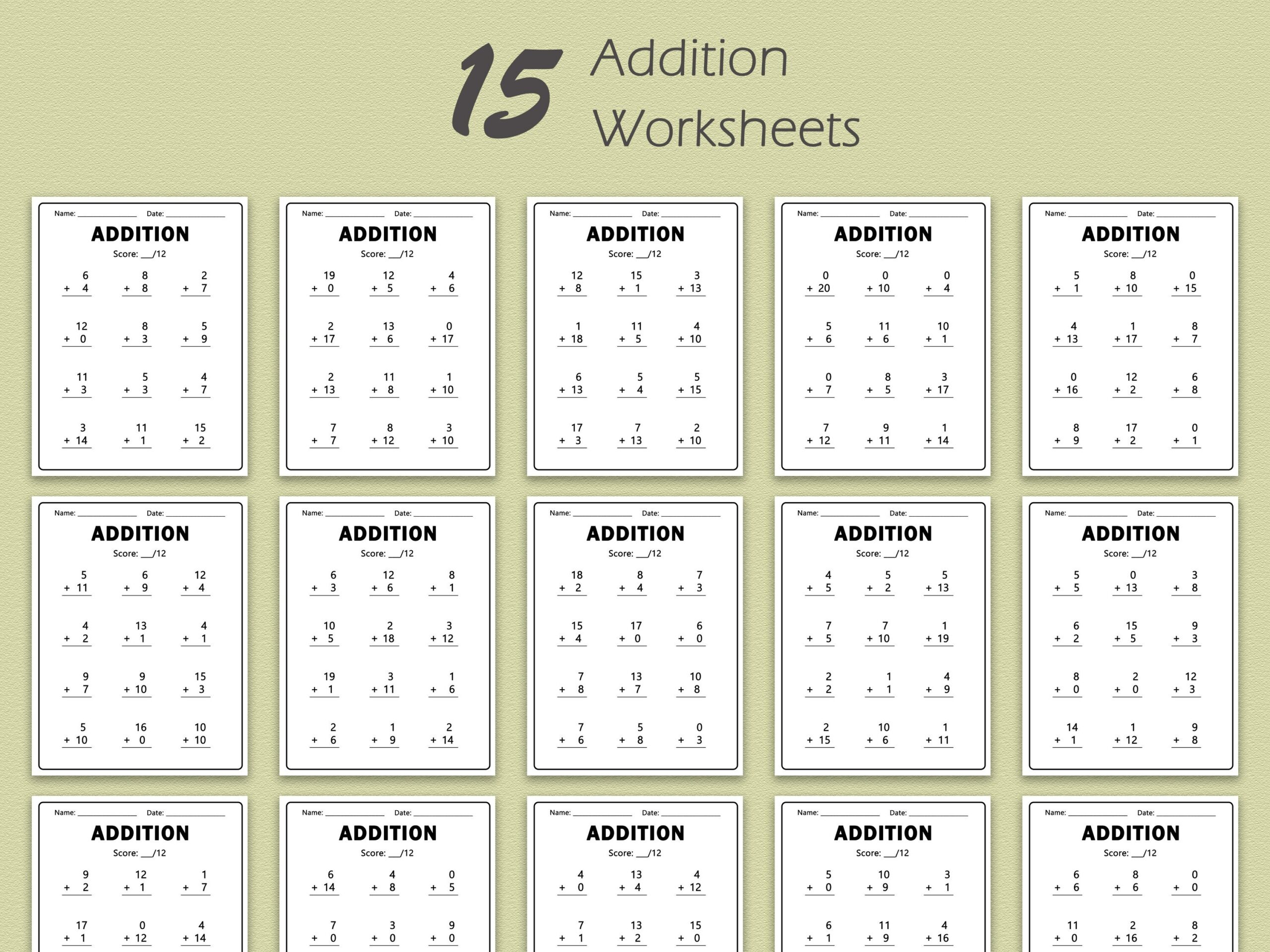 Addition To 15 Worksheets Printable