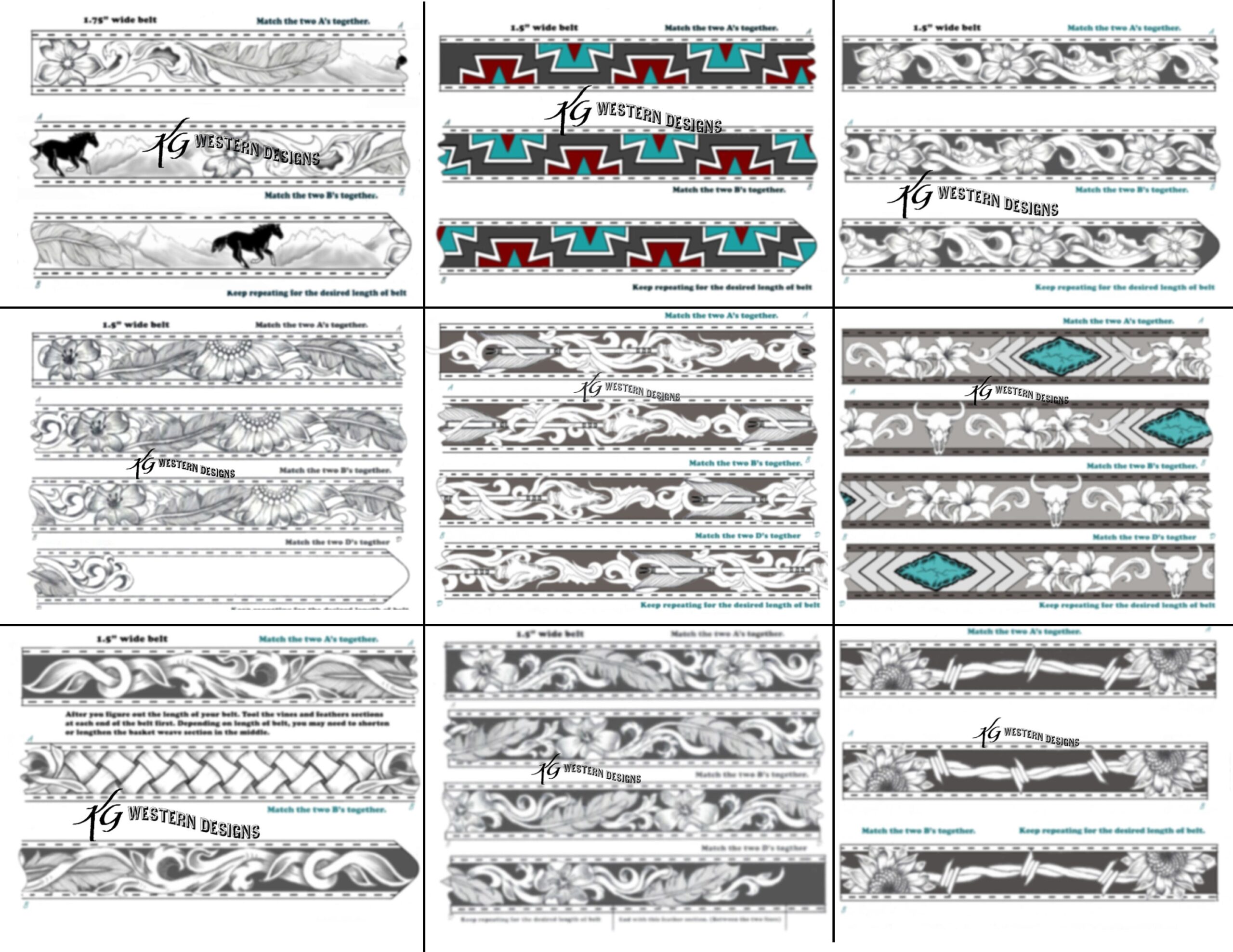 15 Pack Belt Patterns PDF Western Tooling Sunflowers Feathers Scrolls Cowskulls Flowers Barbwire Pattern Designs Download Etsy