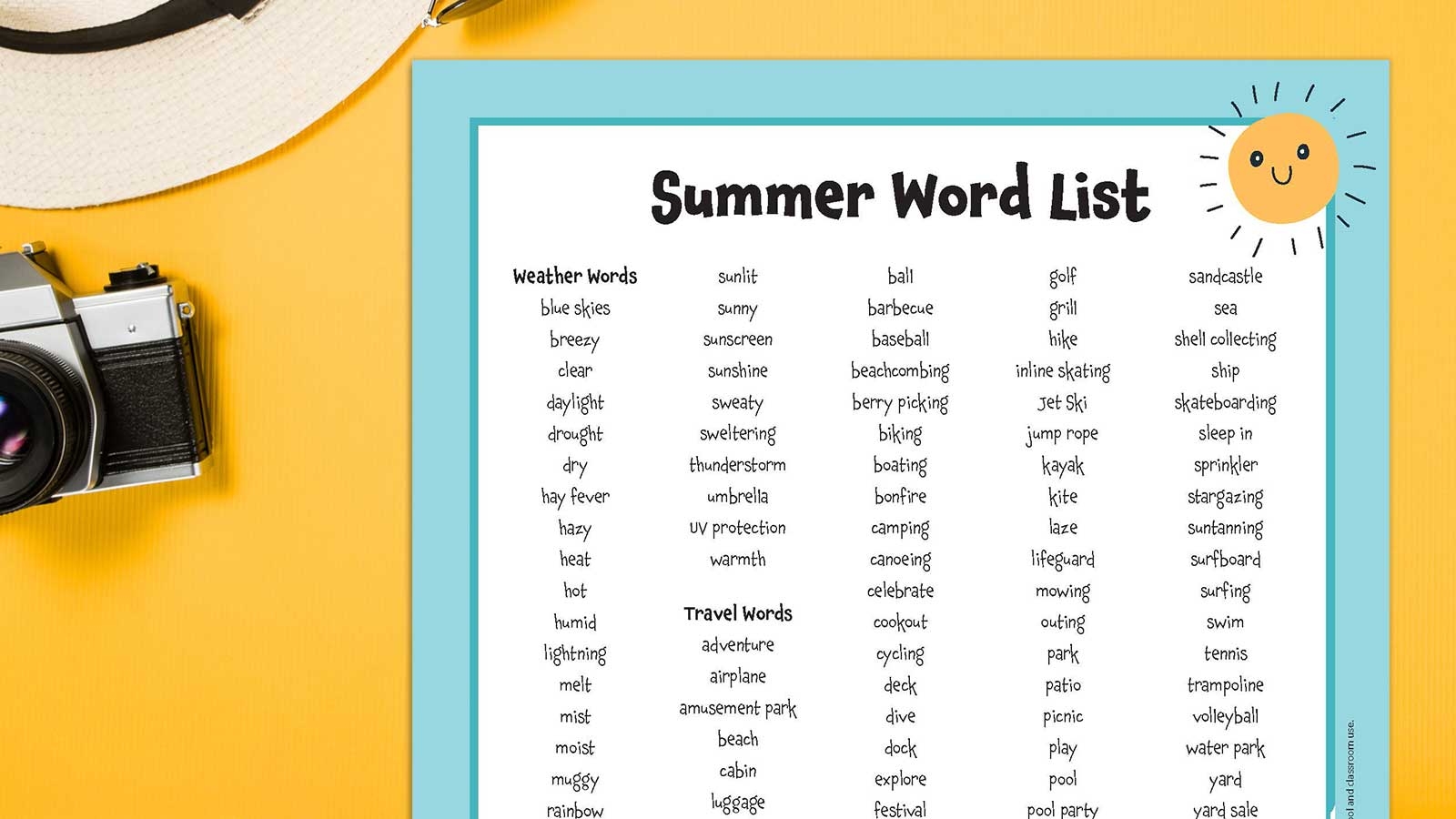 200 Summer Words For Writing Vocab And More Free Printable 
