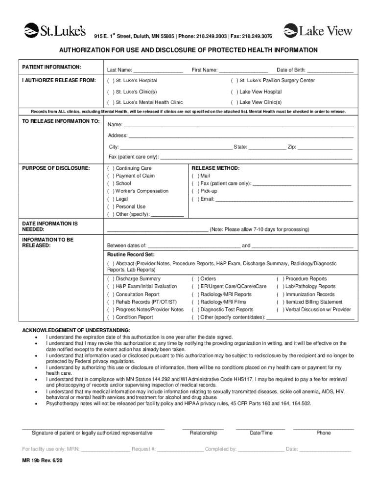 2020 2025 Form St Luke s Hospital MR 19b Fill Online Printable Fillable Blank PdfFiller