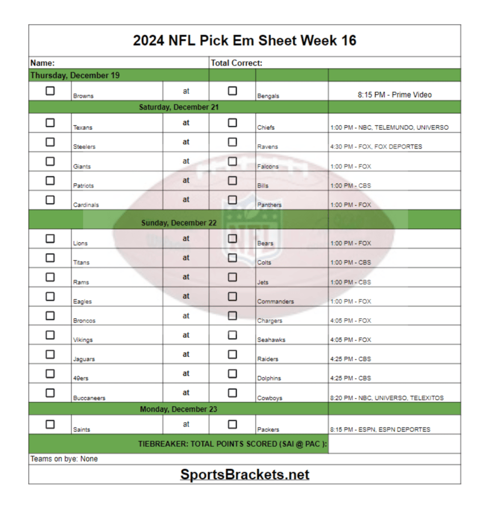 2024 NFL Pick Em Sheet Week 16 Printable PDF Format Sports Brackets