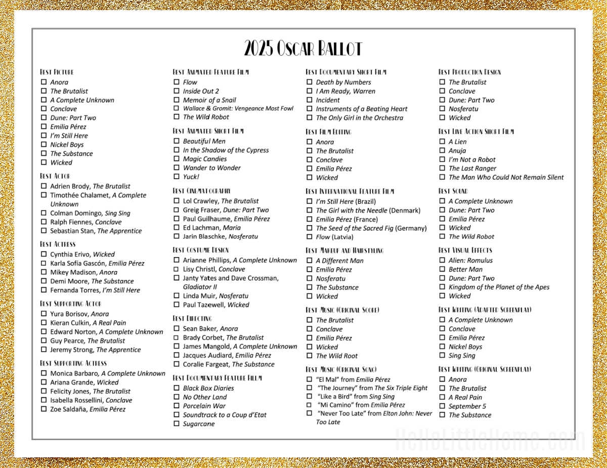 Oscar Nominations 2025 Printable List