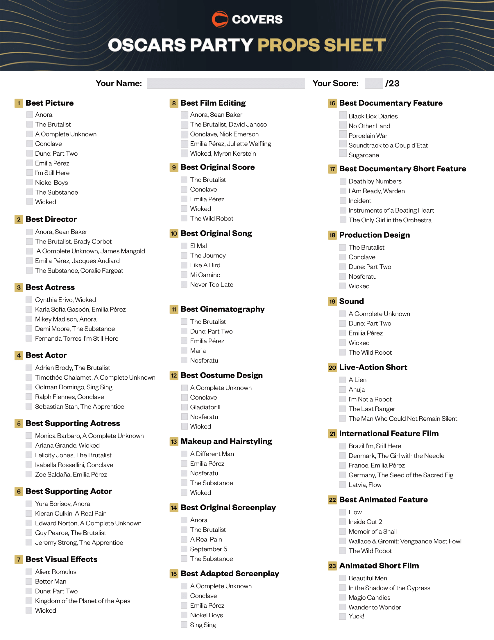 Oscar Nominations 2025 Printable Ballot