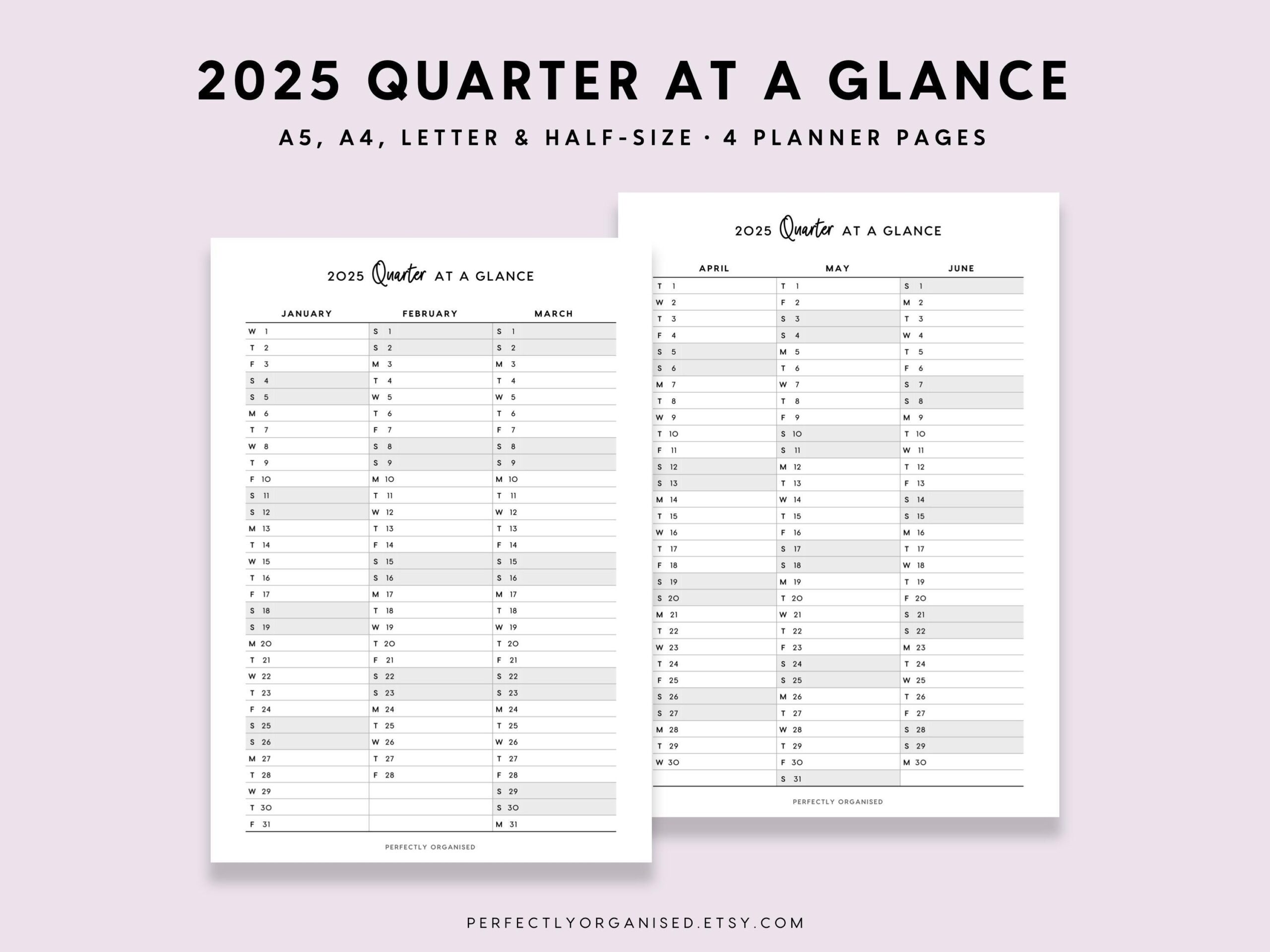 2025 Quarter At A Glance 2025 Quarterly Overview 3 Month Overview 2025 Calendar Classic A5 Half size A4 Letter PRINTABLE Etsy