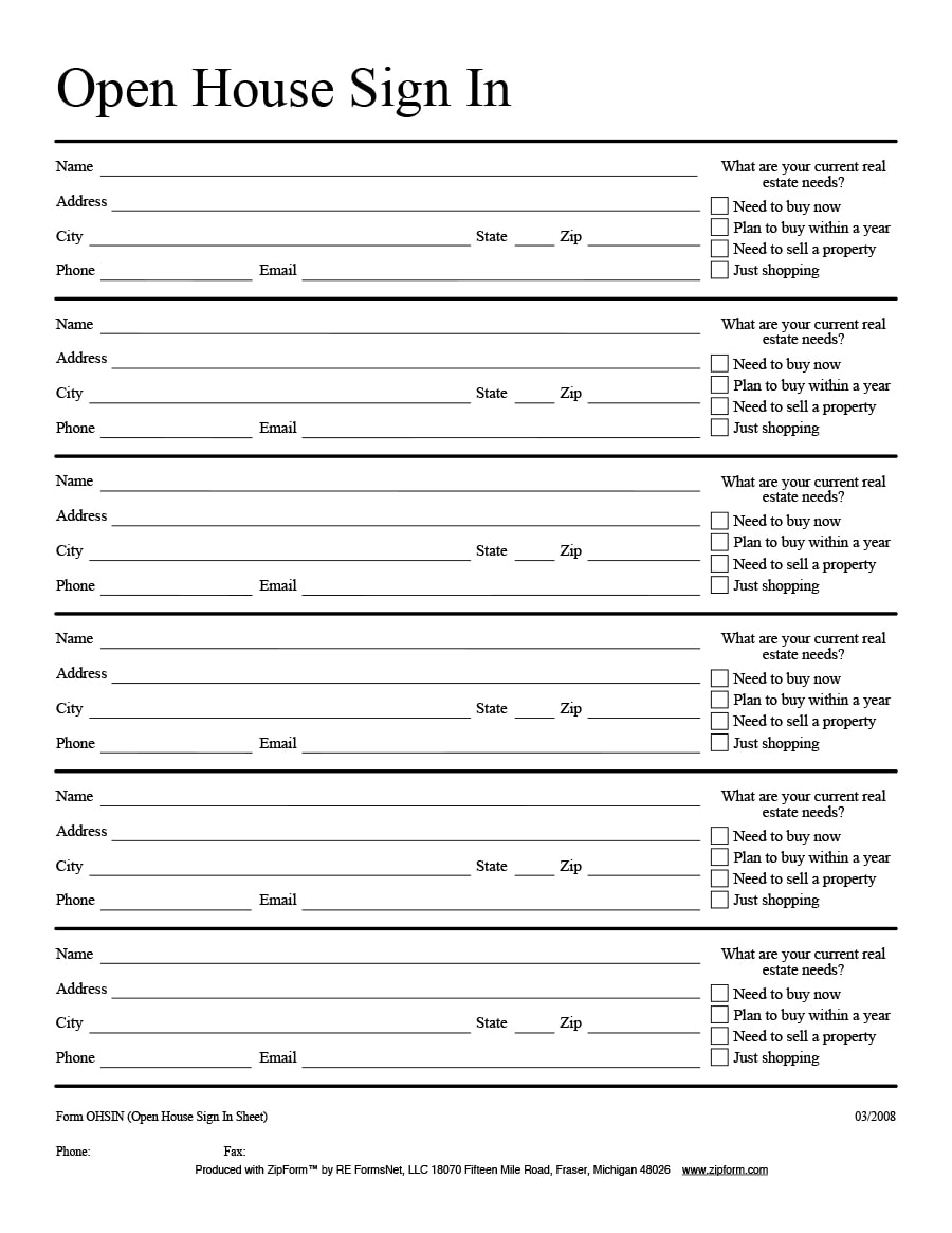 Printable Open House Sign In Sheet