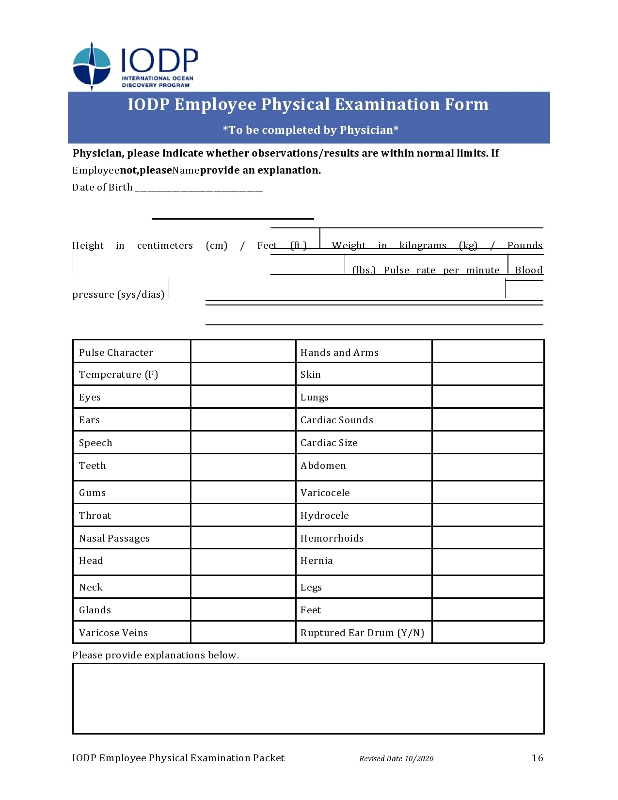 Printable Annual Physical Exam Form