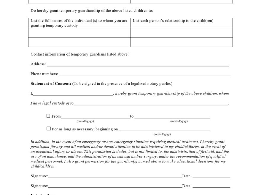 40 Printable Temporary Guardianship Forms All States