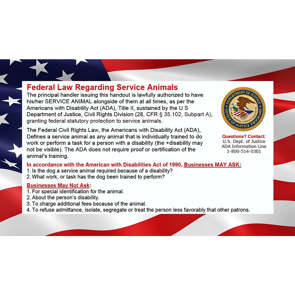 50 ADA Service Dog Information Cards States Handler s Legal Rights To Uninform US Service Dogs Regy