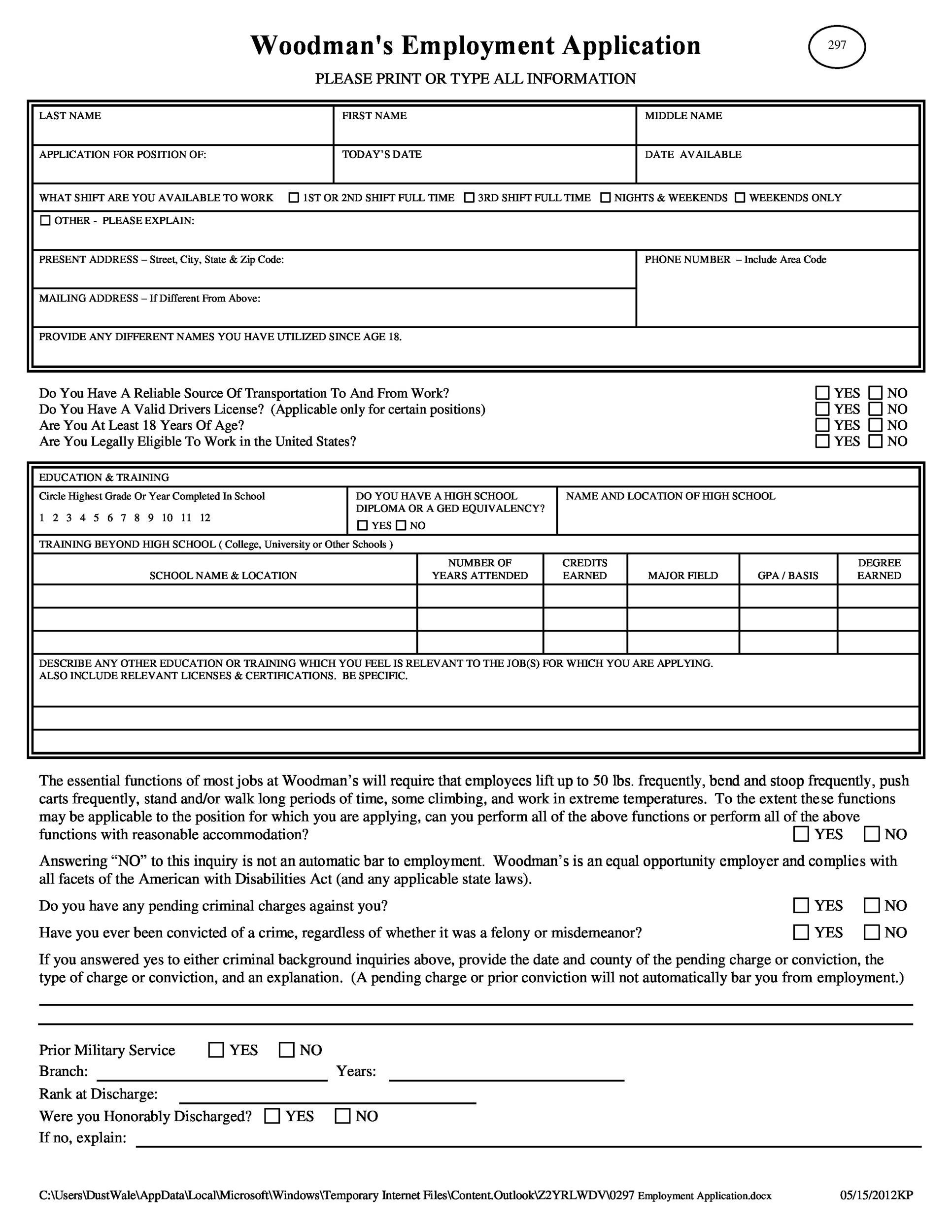 50 Free Employment Job Application Form Templates Printable TemplateLab