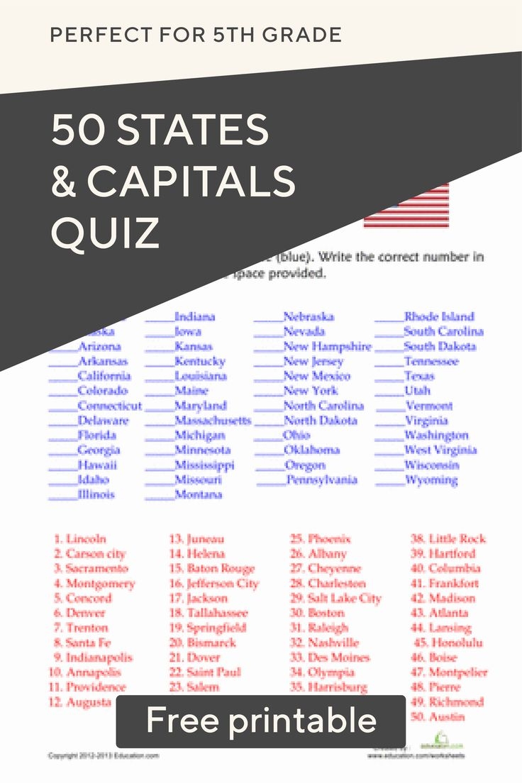 50 States And Capitals Quiz Worksheet Education