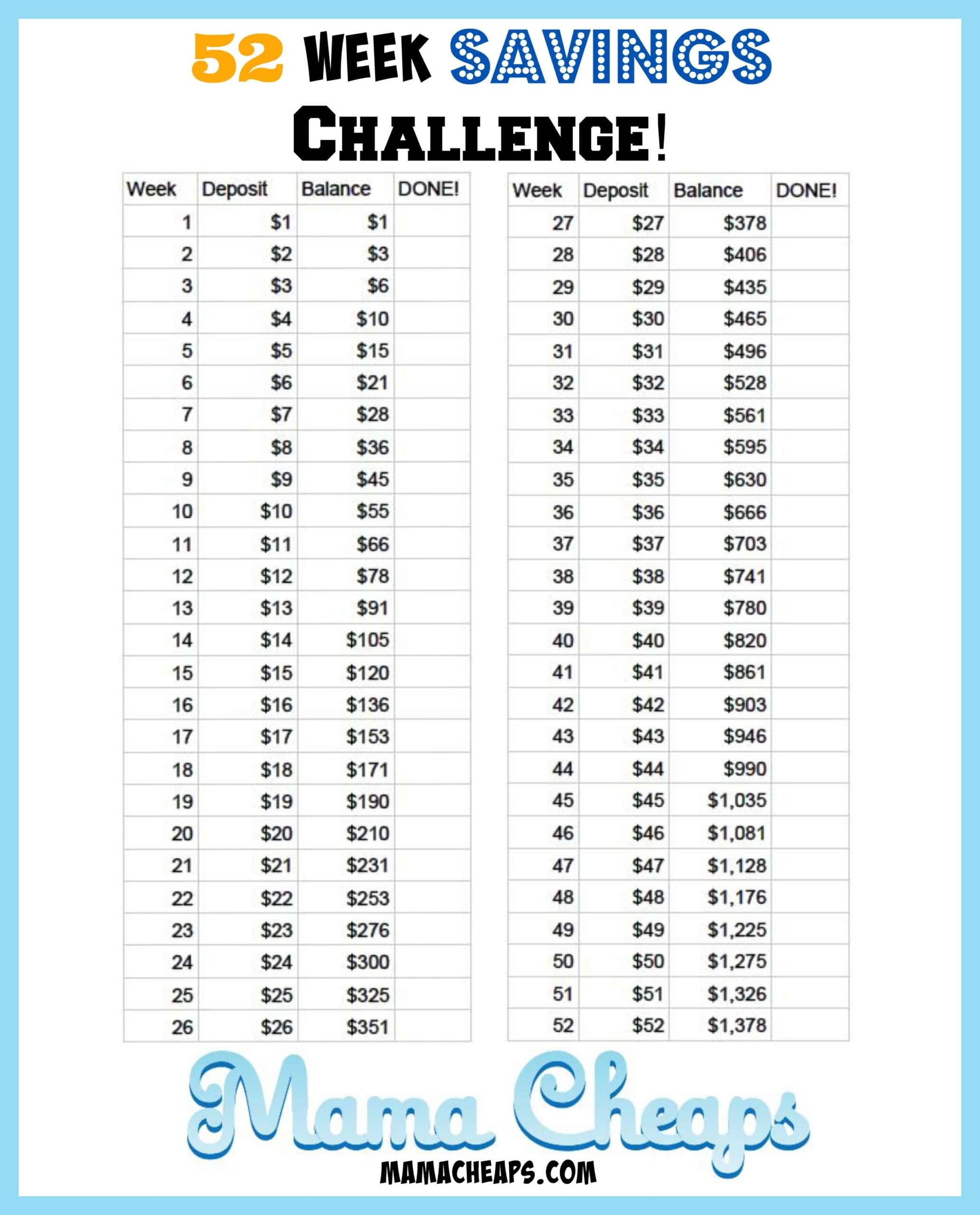 52 Week Savings Plan Printable