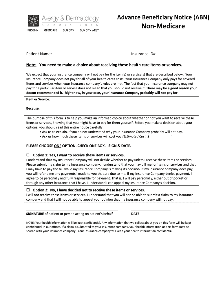 Advance Beneficiary Notice Non Medicare Form Fill Online Printable Fillable Blank PdfFiller