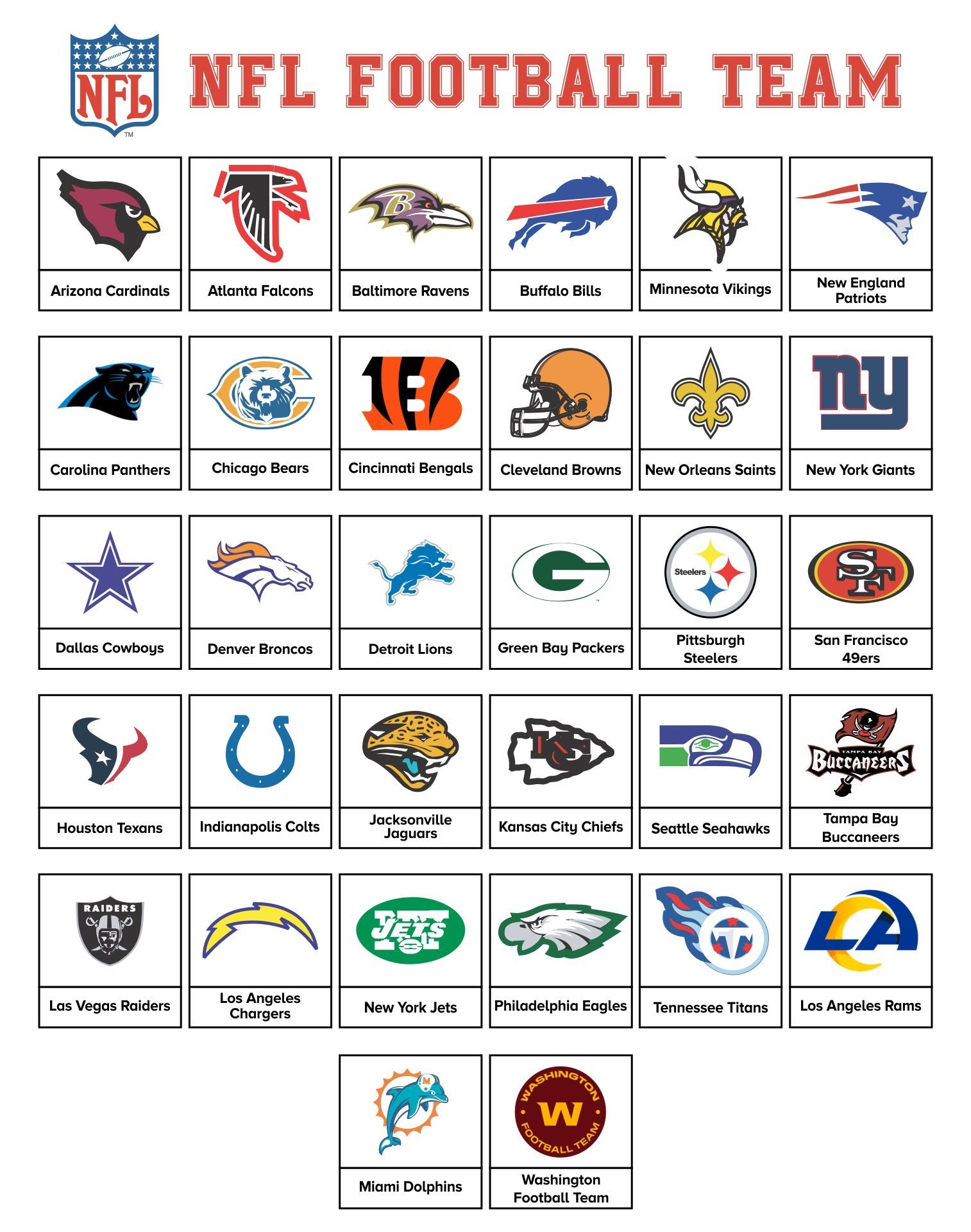 Printable List Of Nfl Teams