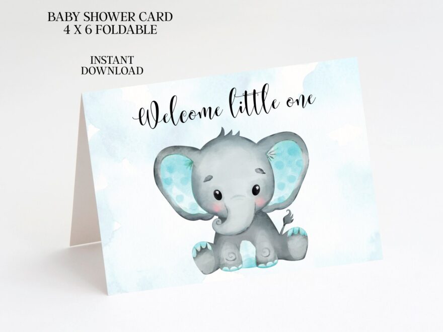 Baby Shower Card Printable Boy Elephant Watercolor Instant Download Pdf 4x6 Folding Foldable Welcome Blue Etsy