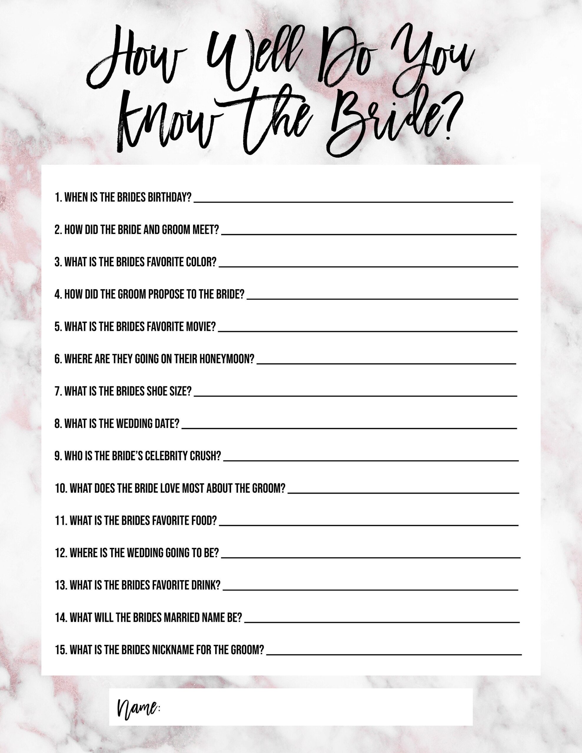 Bachelorette Party Or Bridal Shower Game how Well Do You Know The Bride Printable Etsy