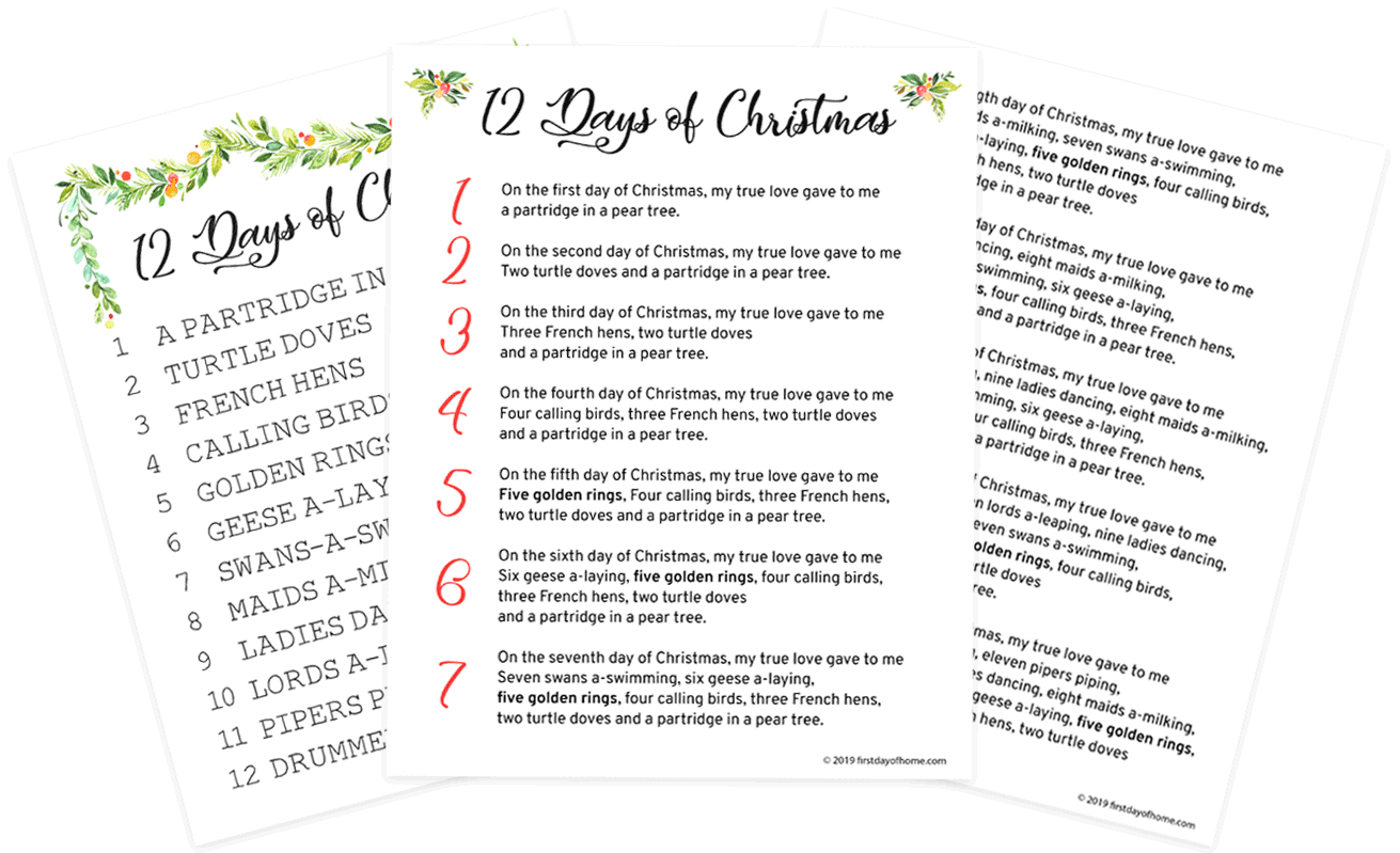 Words To 12 Days Of Christmas Printable