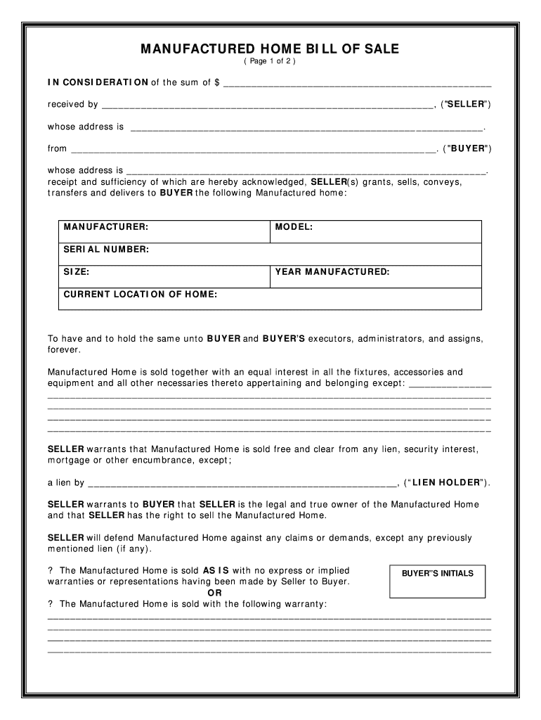 Bill Of Sale For Mobile Home Fill Online Printable Fillable Blank PdfFiller