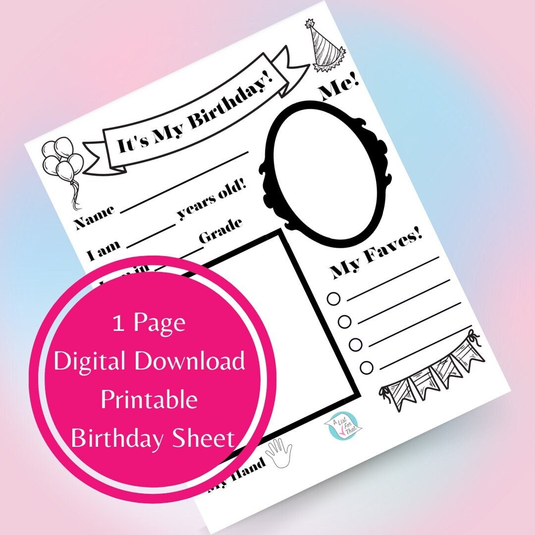 Birthday Sheet Child Birthday Student Birthday About Me Sheet Birthday Fact Sheet Keepsake Birthday For Child Birthday For Student Etsy