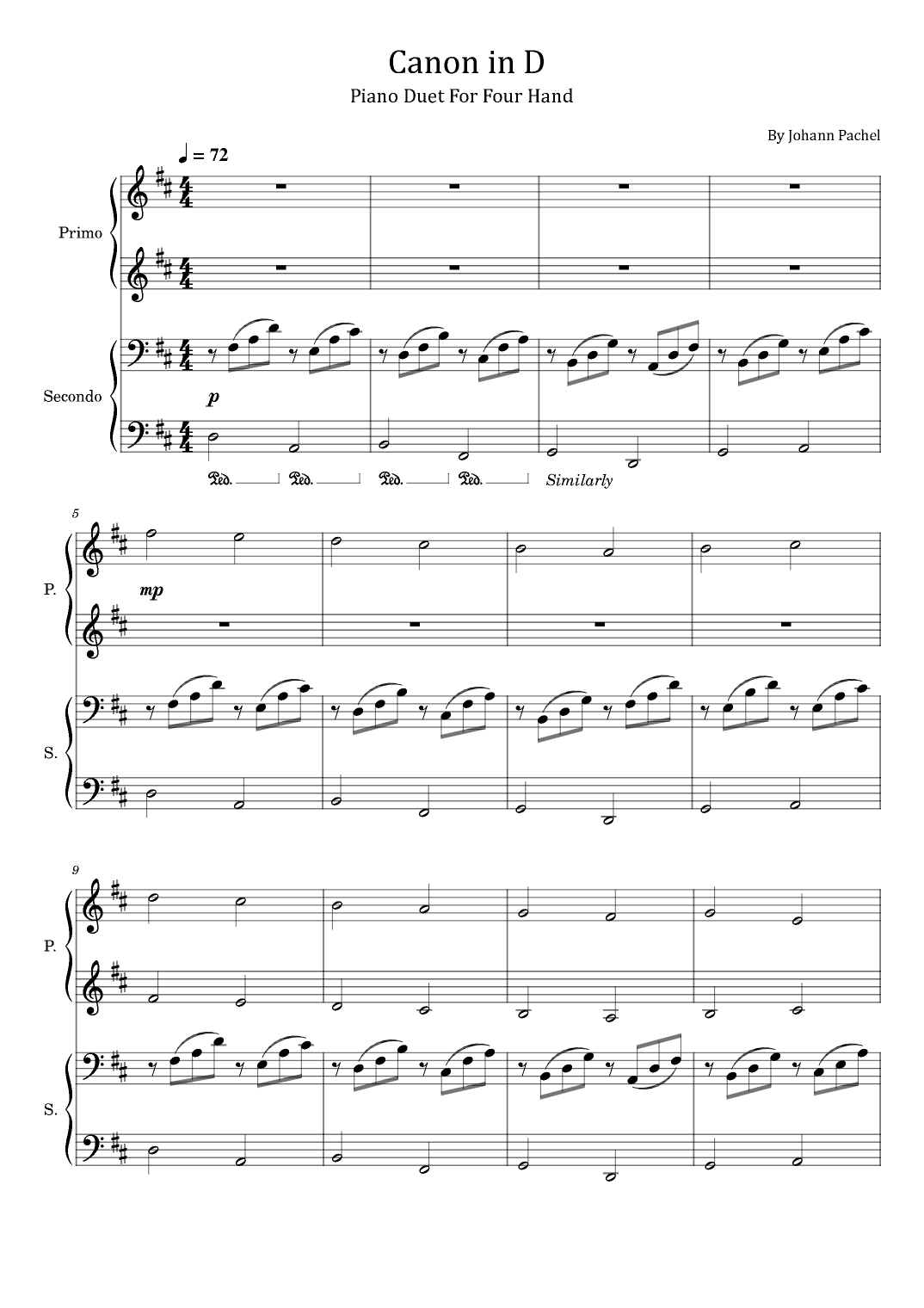 Canon In D Piano Duet For Four Hand J Pachelbel arr Poon By Johann Pachelbel Sheet Music For Piano Duet At Sheet Music Direct