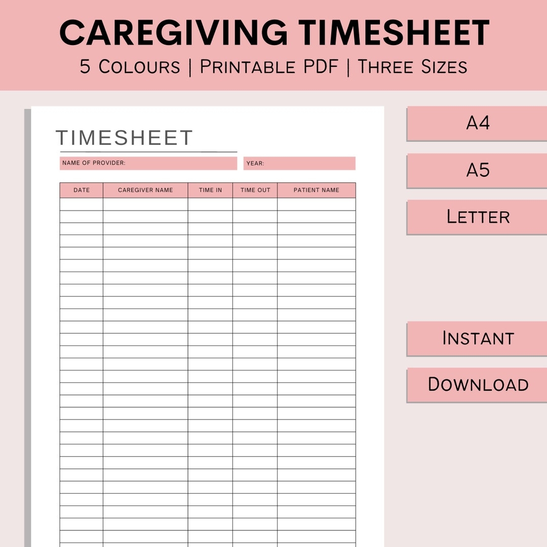 Caregiver Employee Timesheet Health Care Hours Worked Home Health Nurse Schedule Caregiver Shift Tracker PDF A4 A5 Letter Etsy