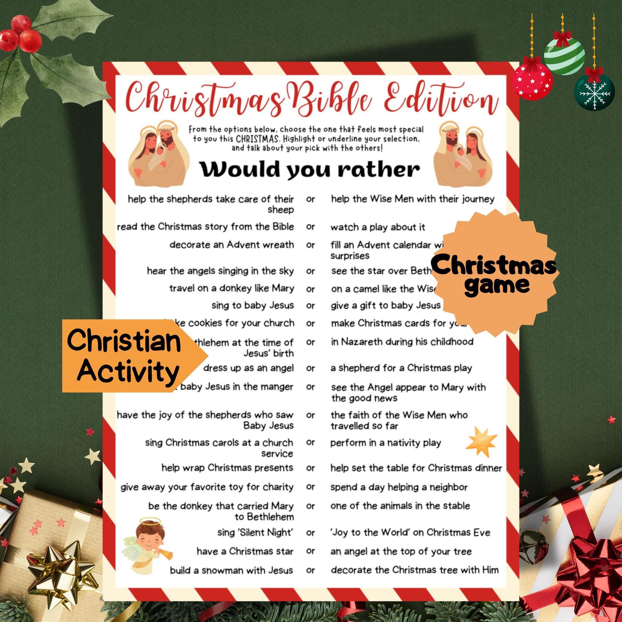 Christian Christmas Game Would You Rather Questions This Or That Bible Activity Printable Worksheet For Kids Faith Based Holiday Activity Etsy