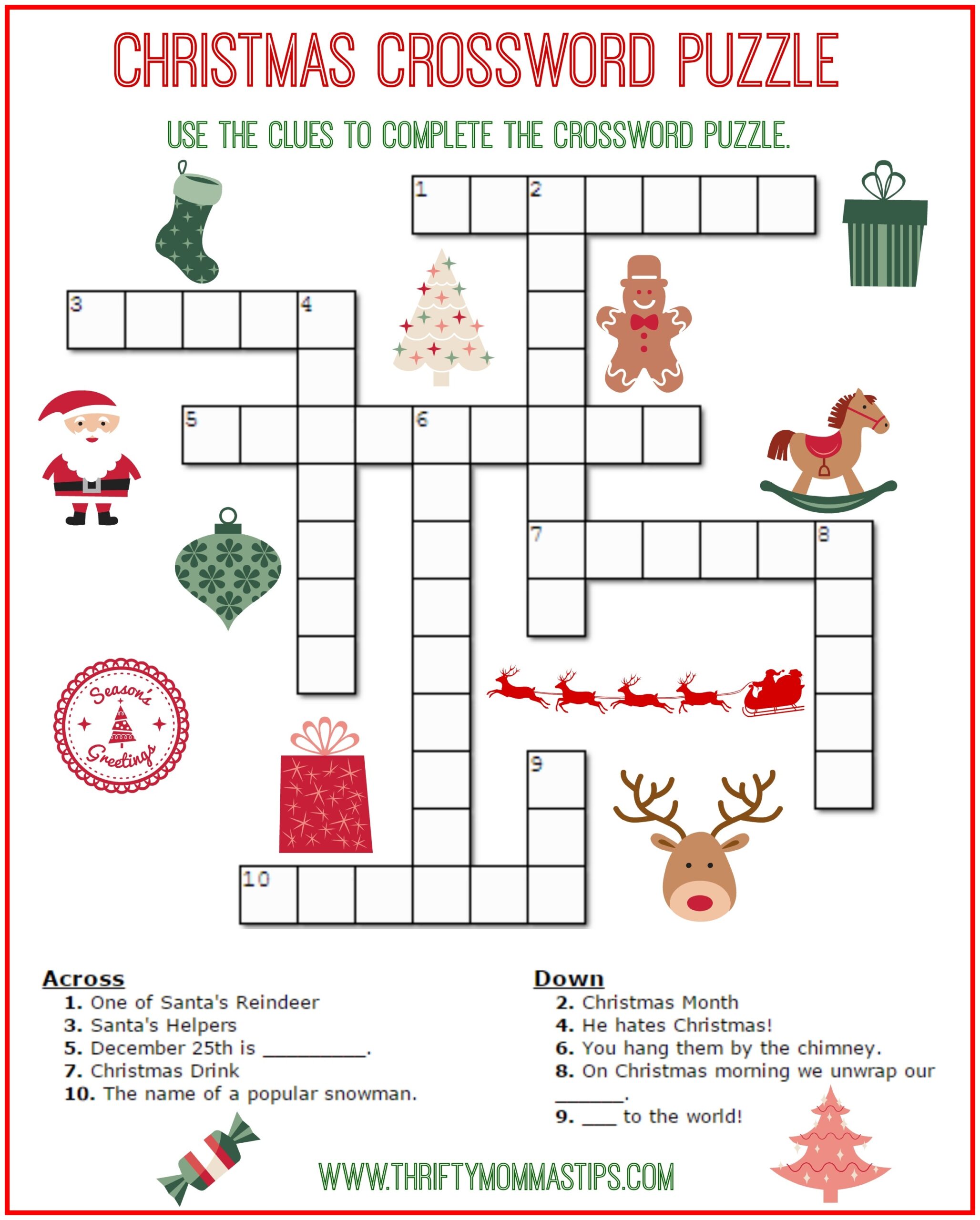 Christmas Crossword Puzzle Printable Thrifty Mommas Tips Worksheets Library