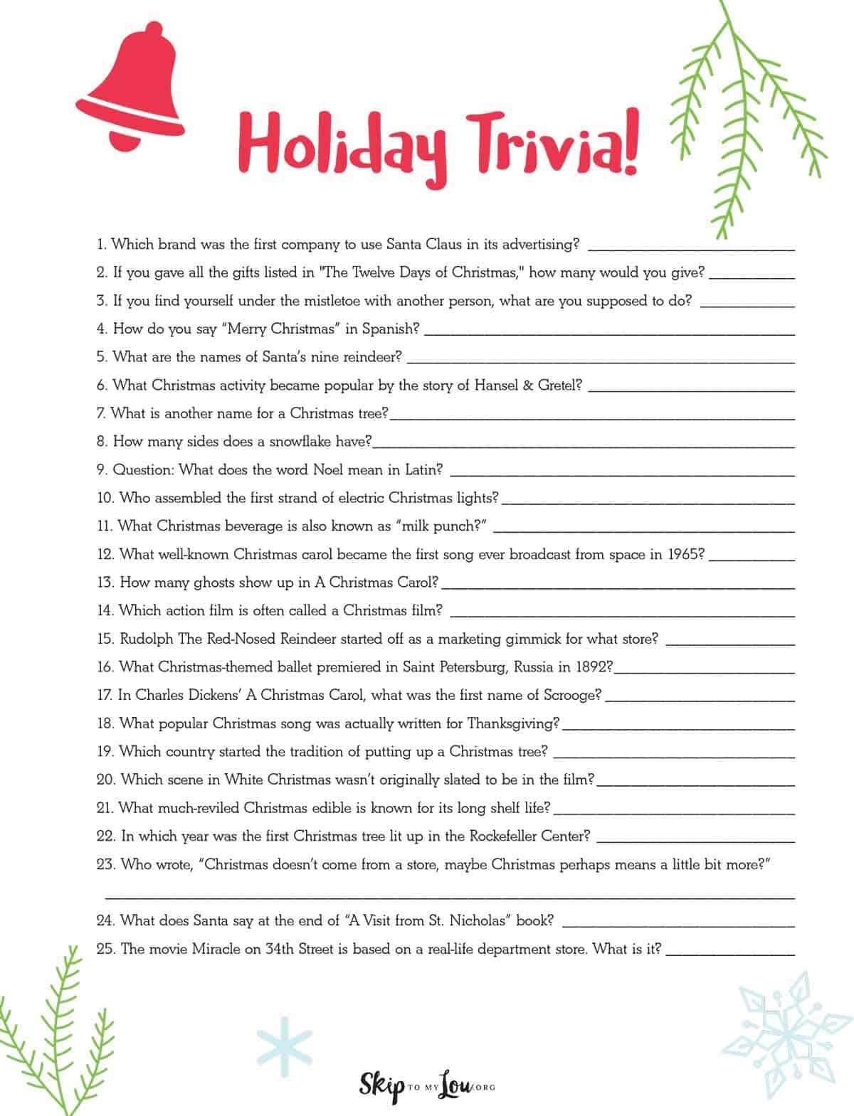 Holiday Trivia Questions And Answers Printables
