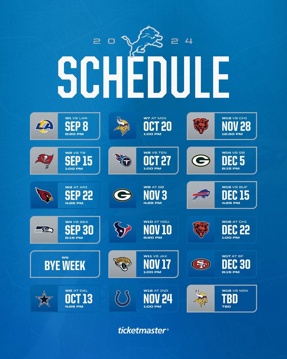 Crunch Time Sports On X The Detroit Lions OFFICIAL 2024 25 Schedule The Super Bowl Run Starts September 8th Vs The Los Angeles Rams OnePride Https t co ThyhrYz9OL X