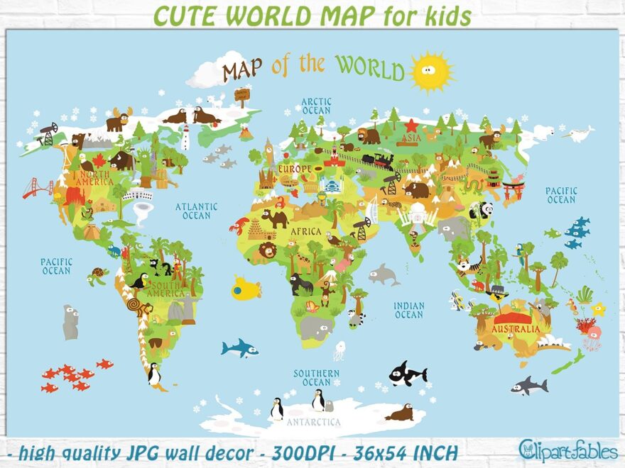 Cute Printable WORLD MAP For Kids Gender Neutral Room Art