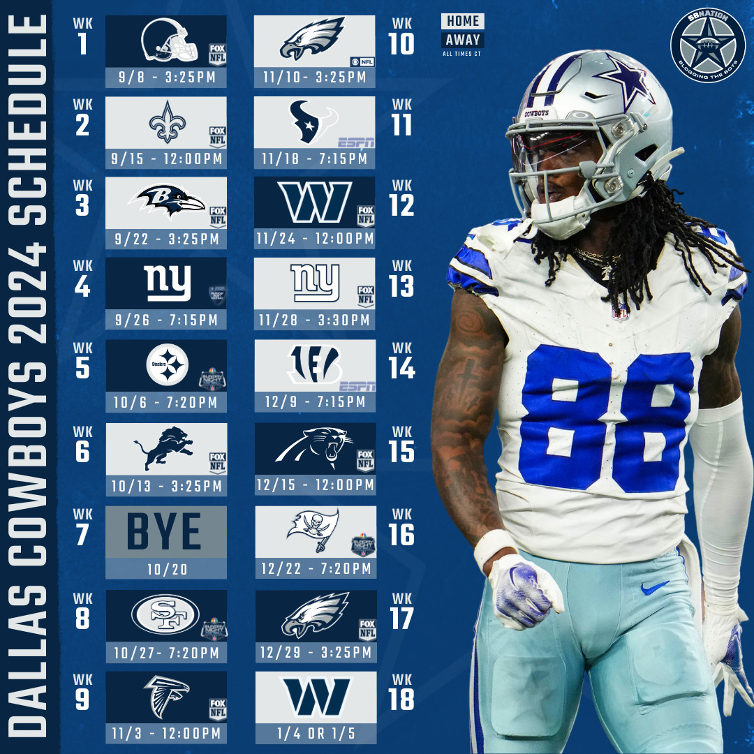 Dallas Cowboys 2024 NFL Schedule Release Dates Primetime Games More Blogging The Boys
