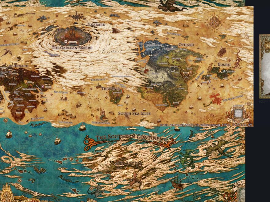 Detailed FFXIV World Map For Dawntrail 7 x Eorzea Garlemald Ilsabard Othard Koshu Norvrandt Tural Meracydia