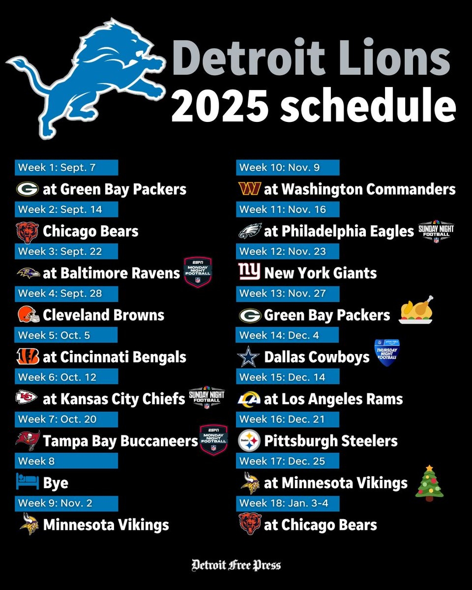 Detroit Free Press On X It s Here The Detroit Lions 2025 Regular Season Schedule Is Now Official What s Your Record Prediction For This Season Lions OnePride Https t co WkK08dQv6V X