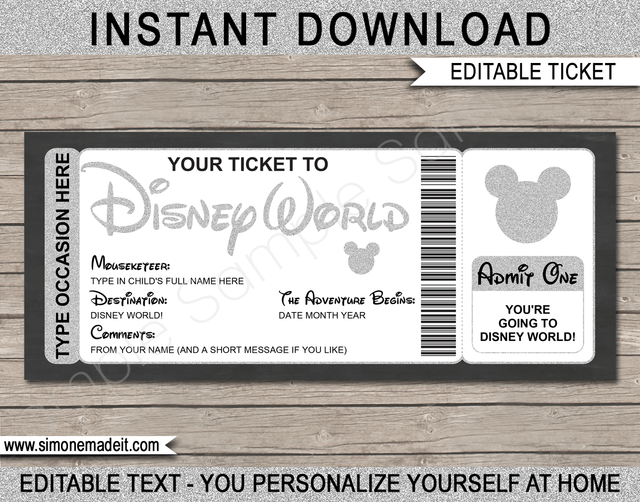 Disney World Trip Printable Template Surprise Disney Trip Reveal Gift Ticket