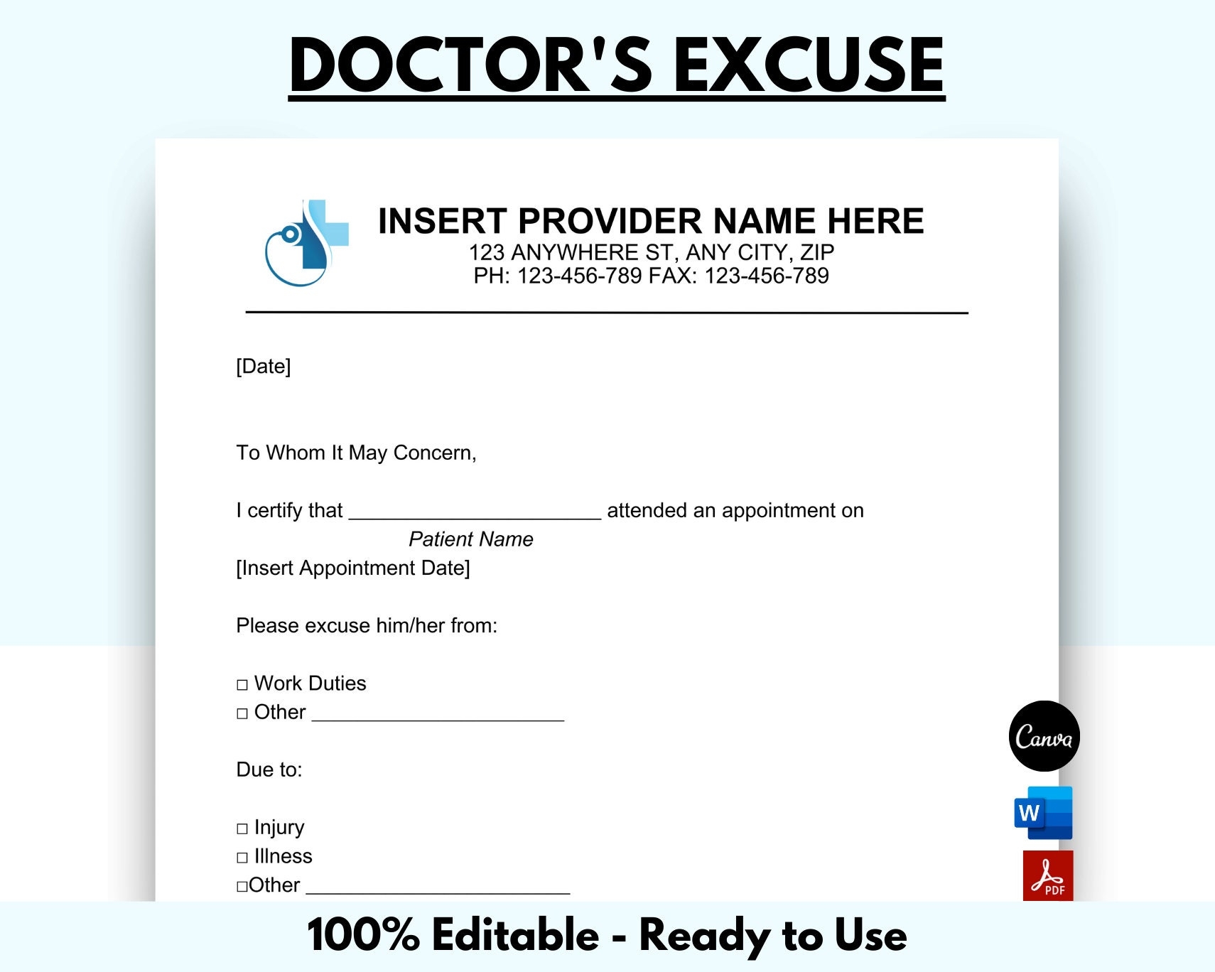 Doctor Excuse Template Doctor Excuse Letter Doctor Note For Work Doctor Notes Excuse Letter Instant Download MS WORD Canva Etsy
