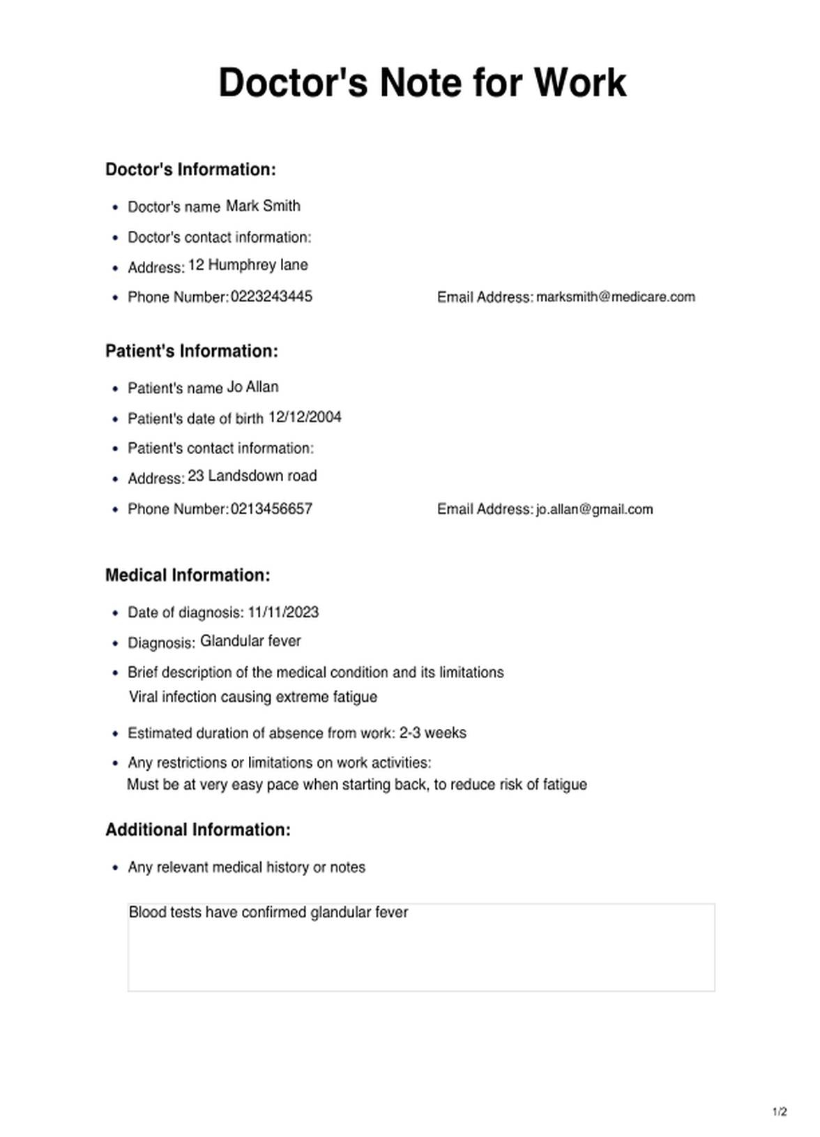 Doctors Note For Work Template Example Free PDF Download