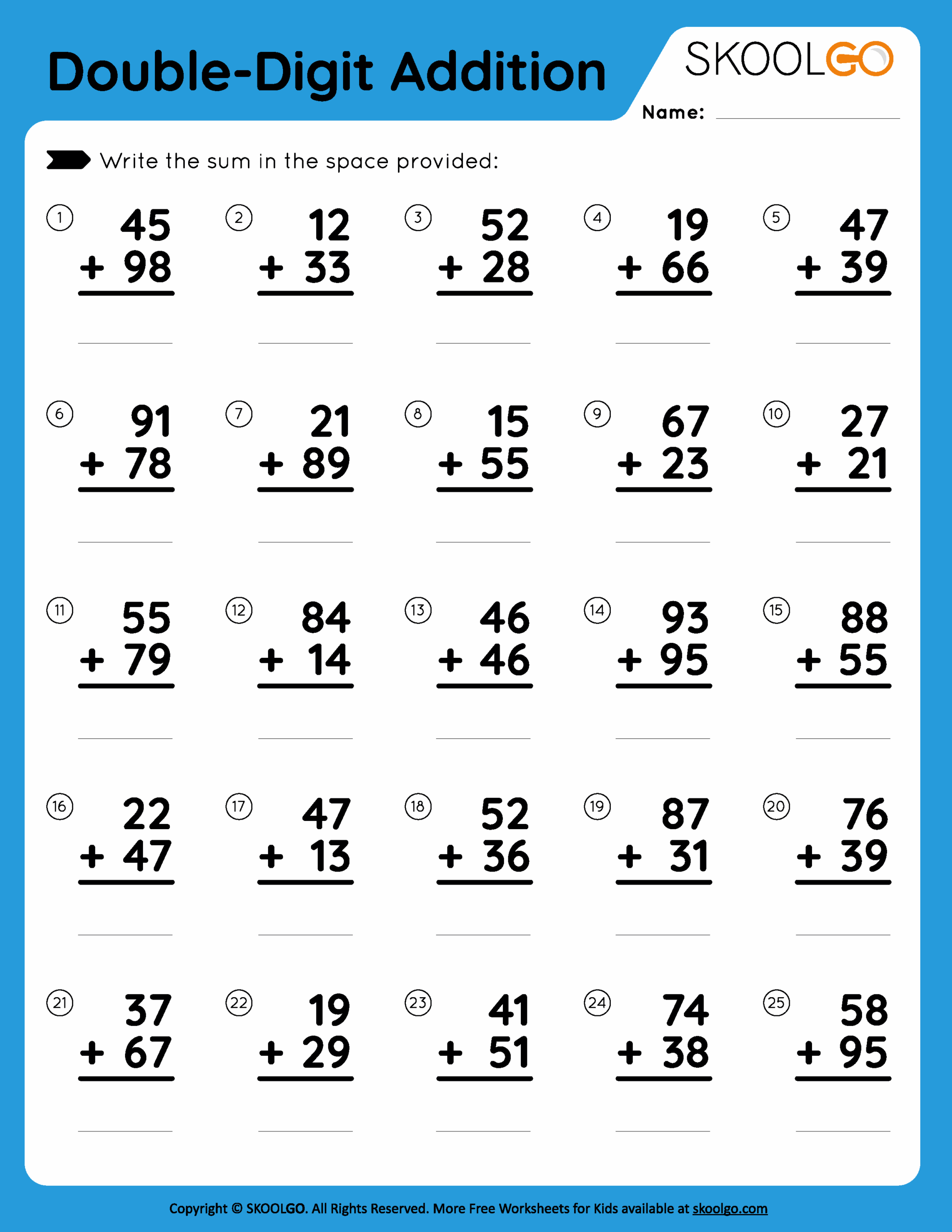 Double Digit Addition Games Printable