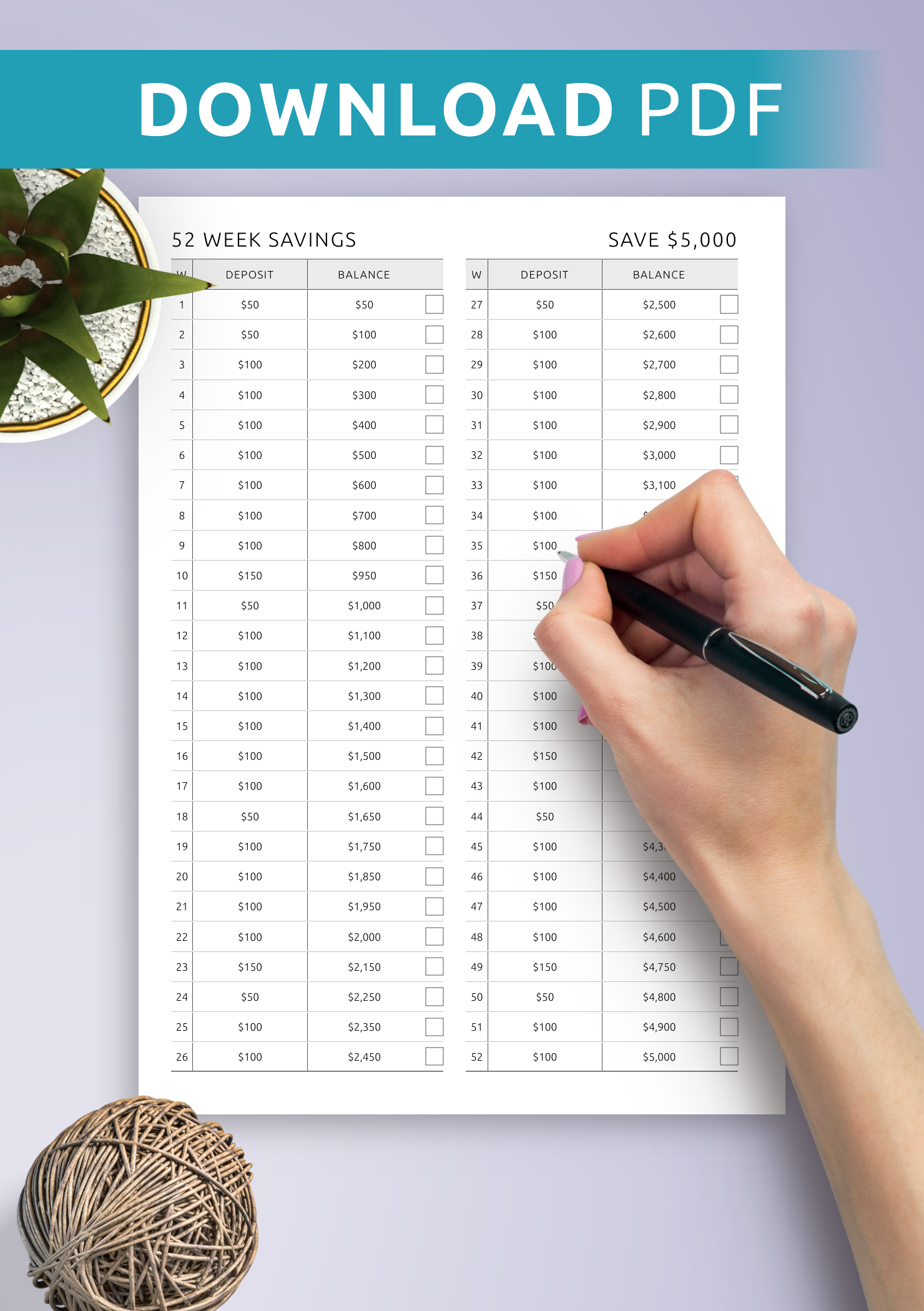 Download 52 Week Savings Template Printable Or Digital PDF For ReMarkable Kindle Supernote
