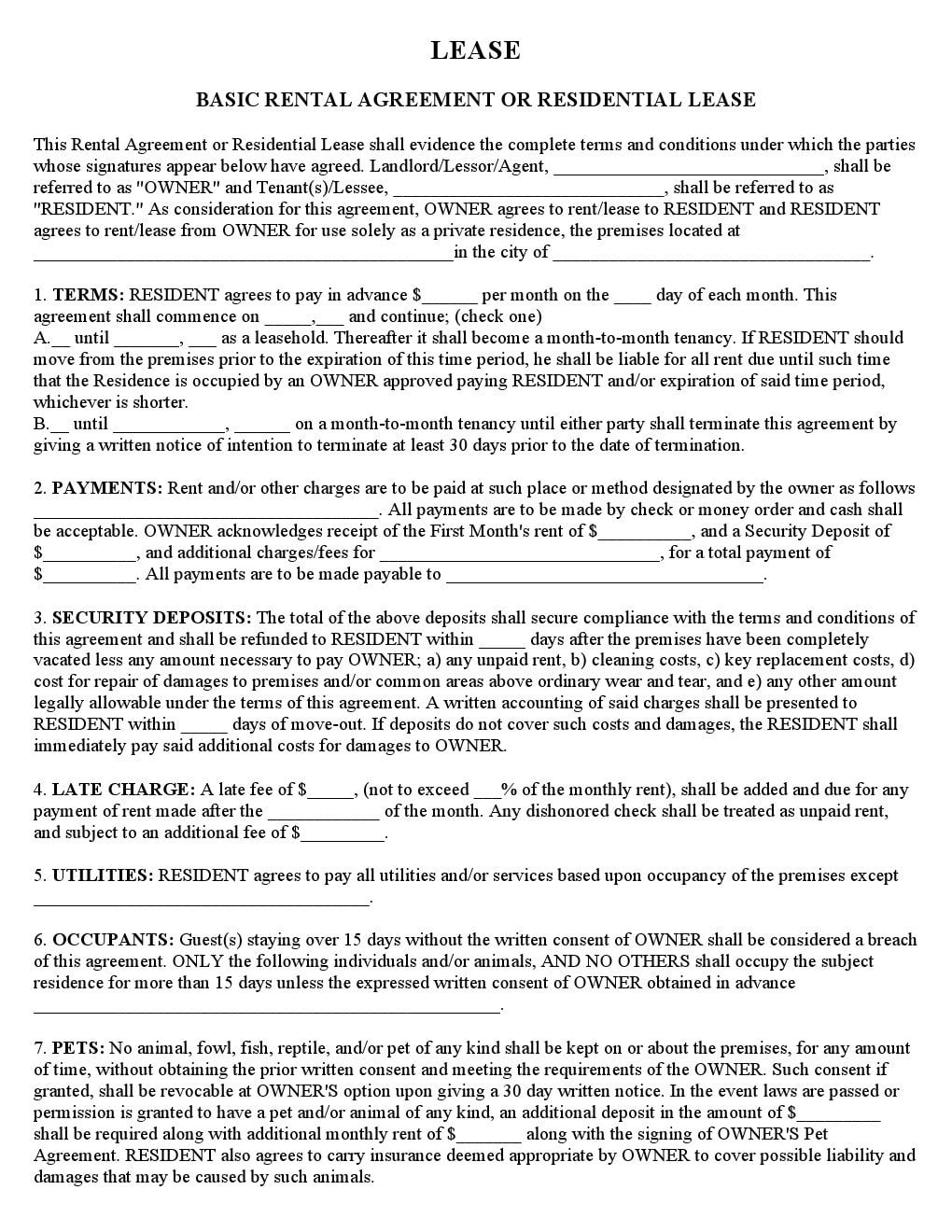 Download Free Basic Rental Agreement Or Residential Lease Printable Lease Agreement