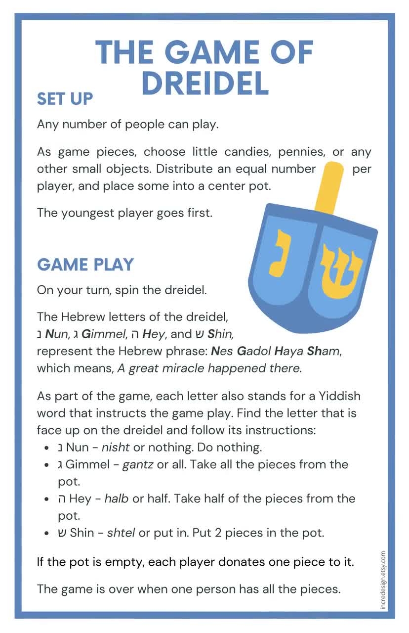 Dreidel Instructions Learn To Play Dreidel Sivivon Hanukkah Games Jewish Holiday A Great Miracle Happened There Hebrew Letters Etsy