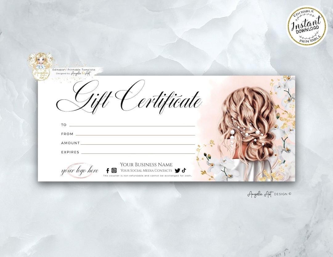Editable Beauty Gift Certificate Template Hair Salon Gift Voucher Hair Stylist Printable Gift Card Template Bridal Hair Certificate Template Etsy