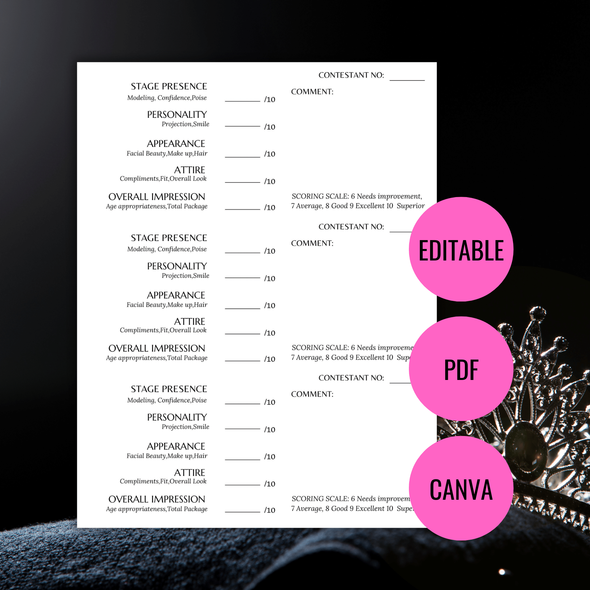 Editable Pageant Score Sheet PDF Printable Instant Download 