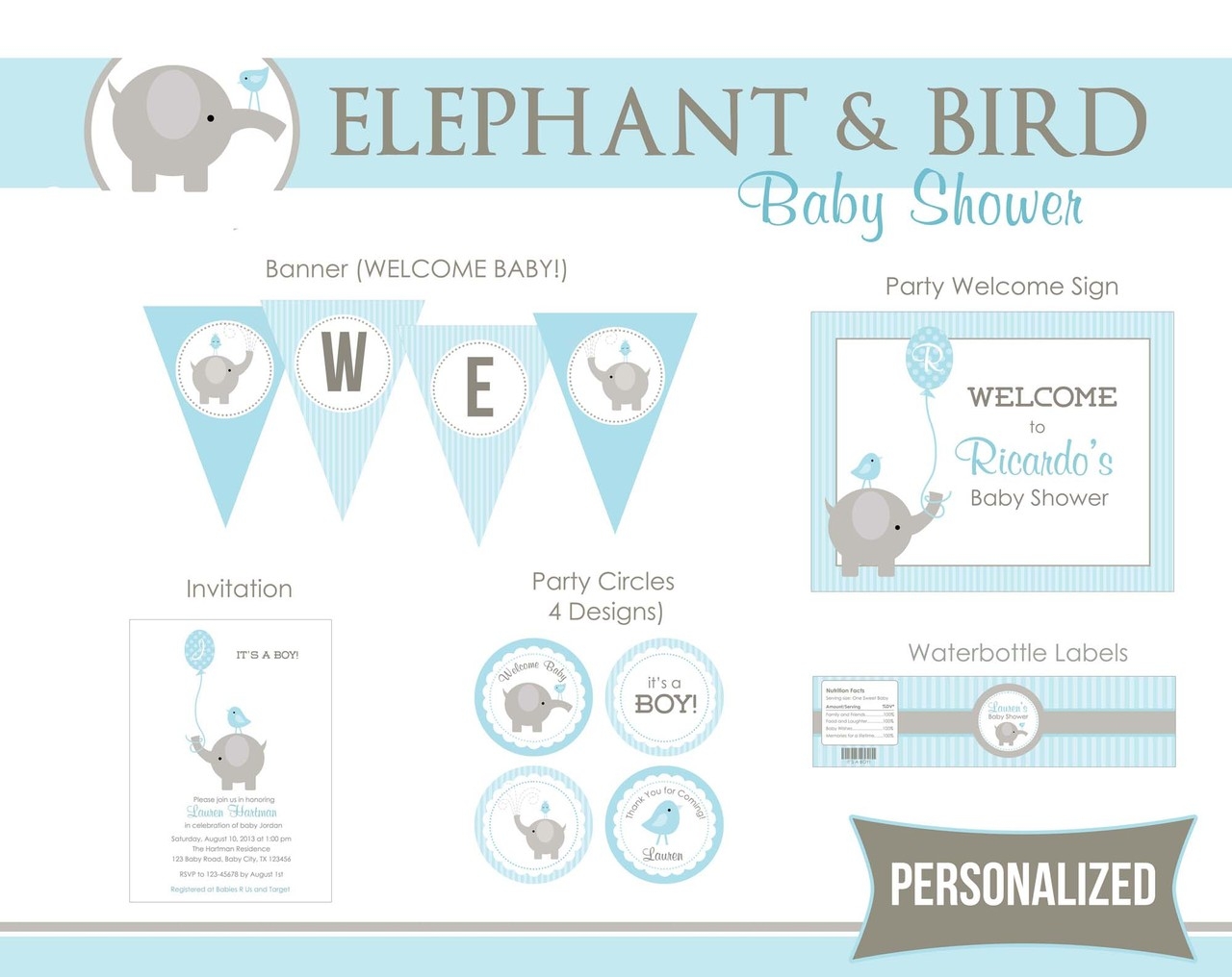 Elephant Baby Shower Party Package Printable Boy Balloon Bird Blue Gray CallaChic