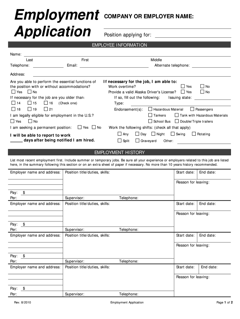 Free Printable Application For Employment Template