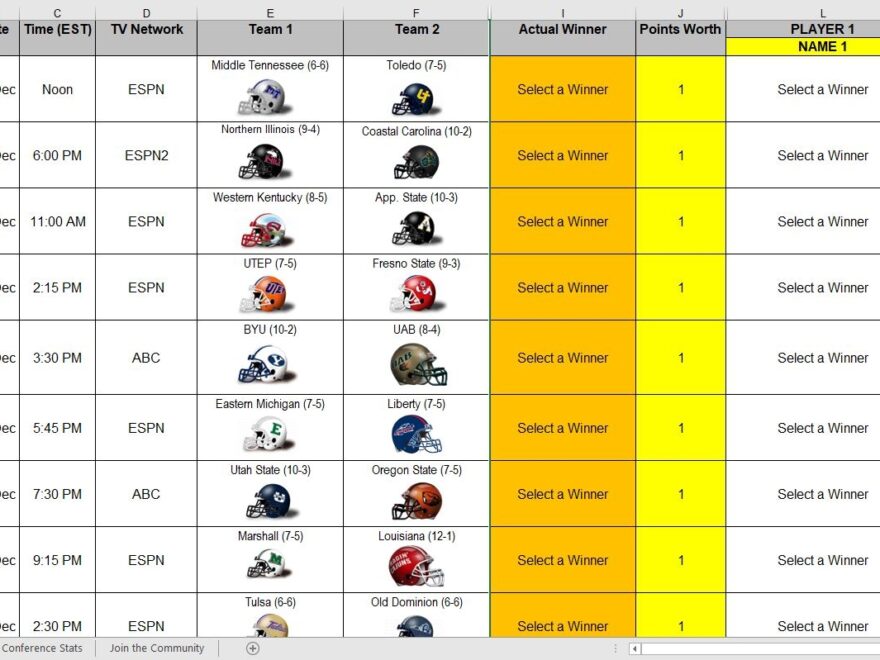 Excel Spreadsheets Help 2021 College Football Bowl Prediction Pool