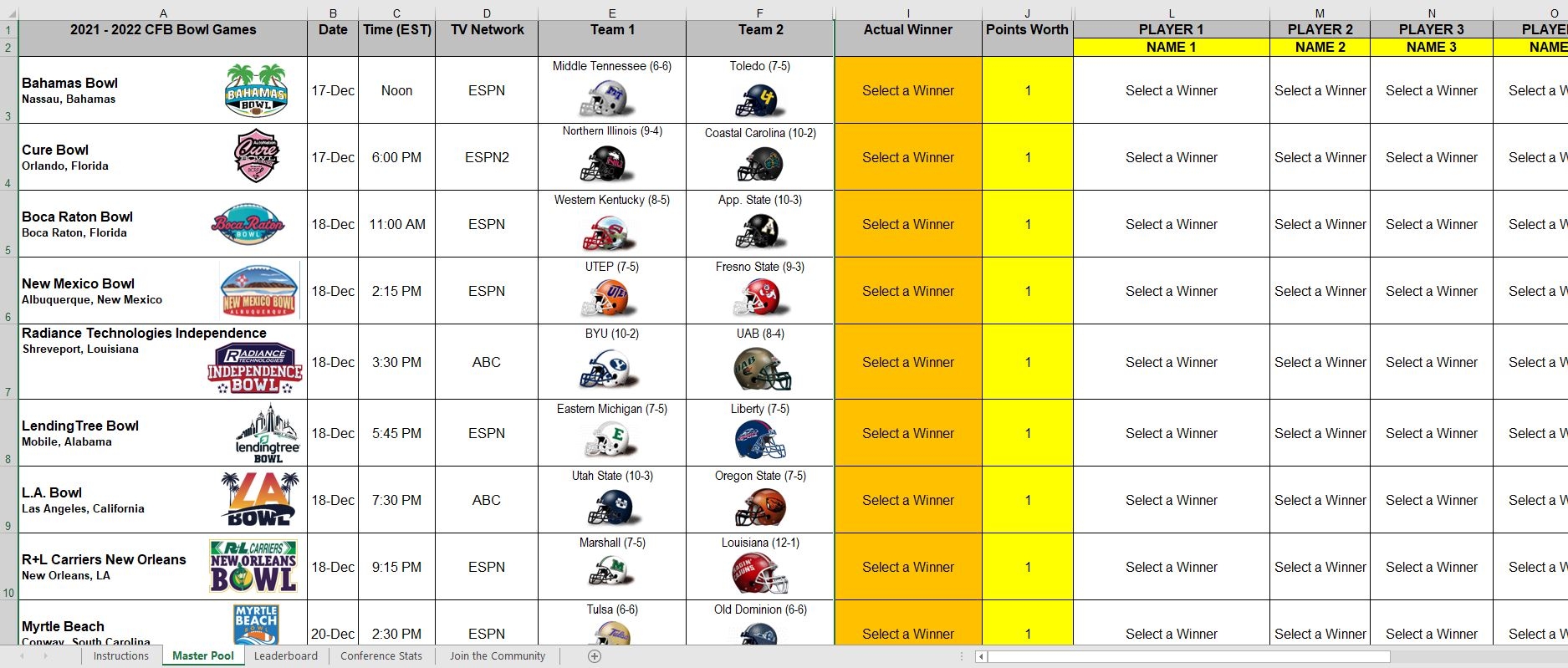 Excel Spreadsheets Help 2021 College Football Bowl Prediction Pool