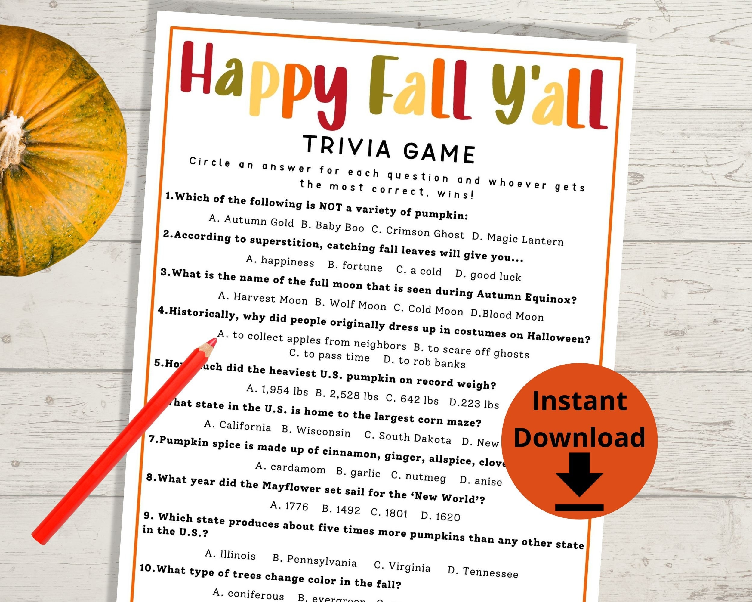 Fall Trivia Game Autumn Trivia Quiz Fall Printables Printable Family Game Etsy