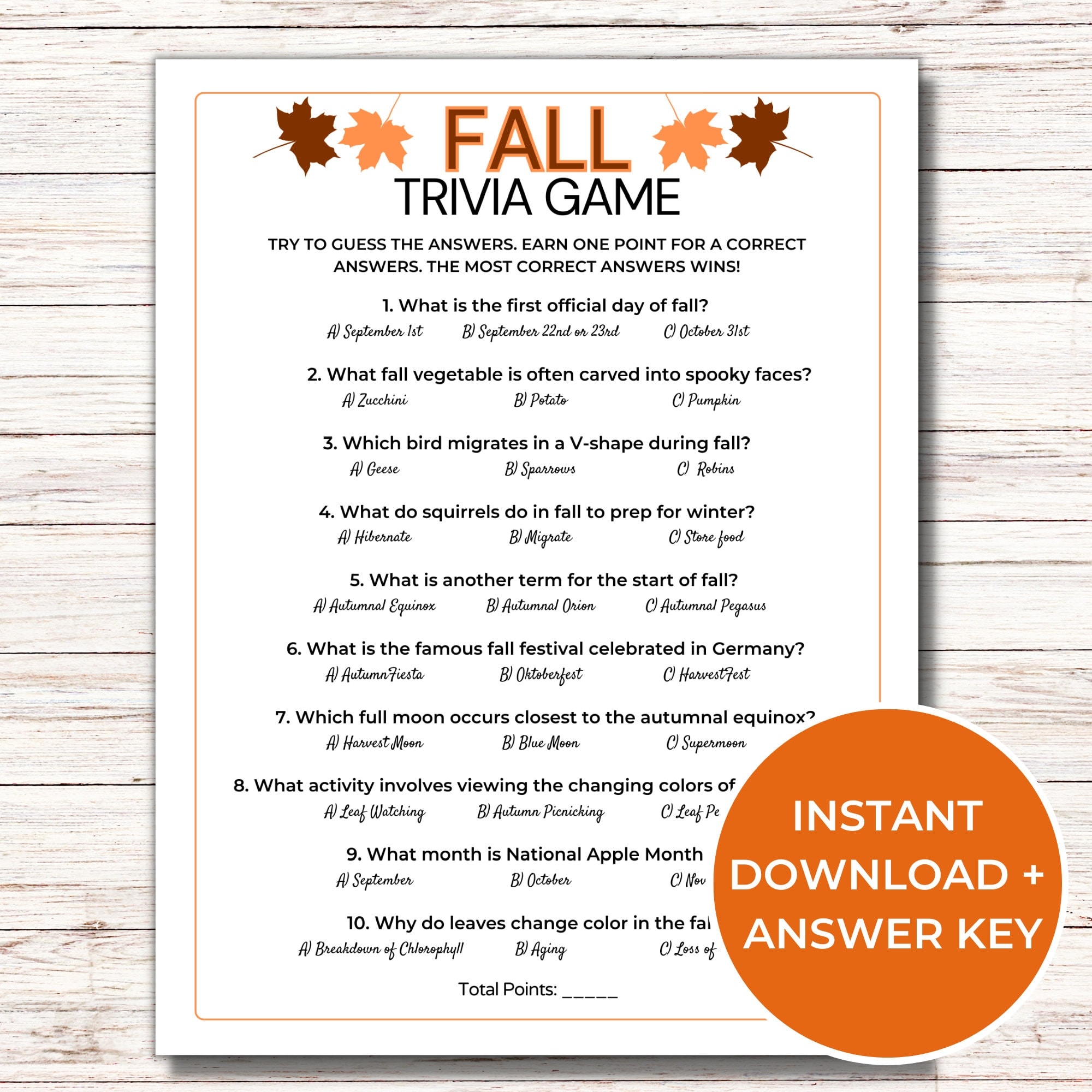 Fall Trivia Game Fall Printable Games Fun Fall Activities For Adults And Kids Autumn Themed Quiz Etsy